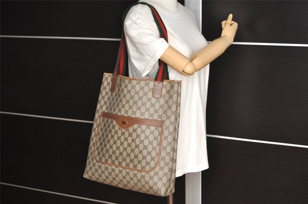 Authentic GUCCI Web Sherry Line Shoulder Tote Bag GG PVC Leather Brown 2436I