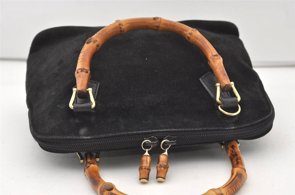Authentic GUCCI Bamboo 2Way Shoulder Hand Purse Bag Suede Leather Black 2436J