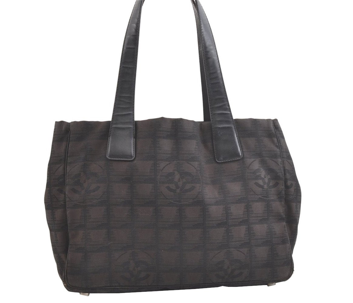 Authentic CHANEL New Travel Line Shoulder Tote Bag Nylon Leather Brown 2437K