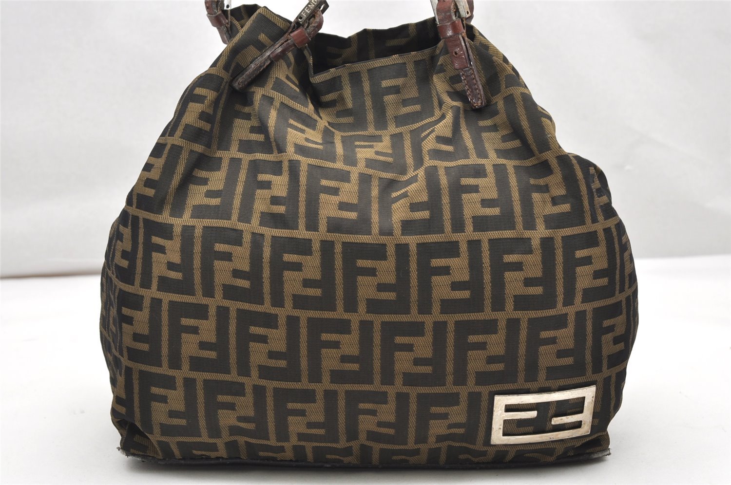 Authentic FENDI Vintage Zucca Shoulder Tote Bag Nylon Leather Brown 2438K