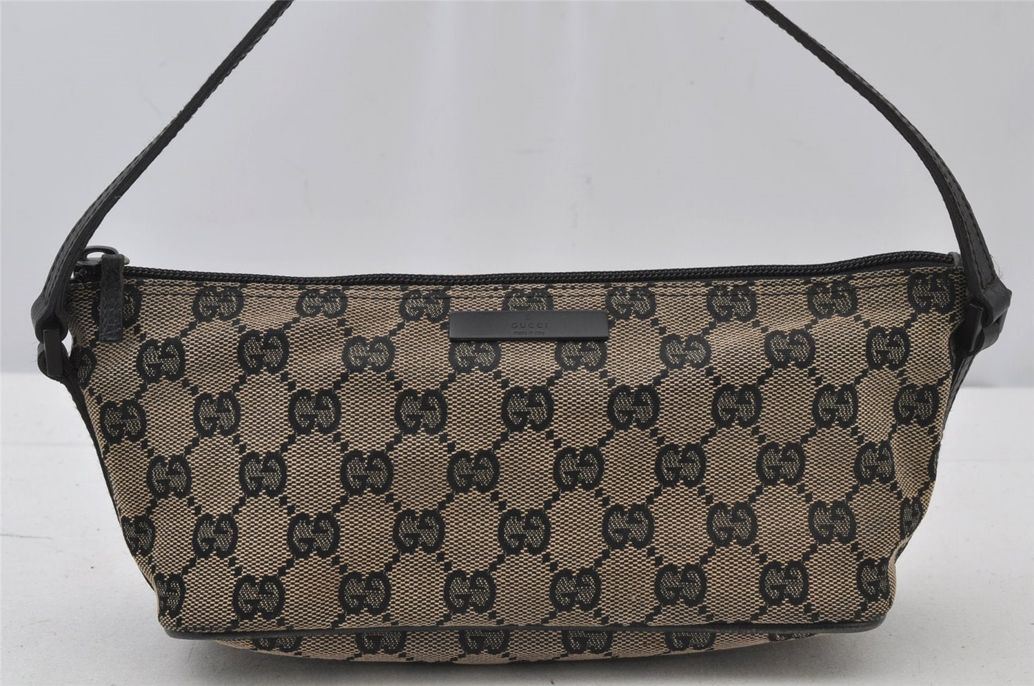 Authentic GUCCI Vintage Hand Bag Pouch Purse GG Canvas Leather 07198 Black 2441J