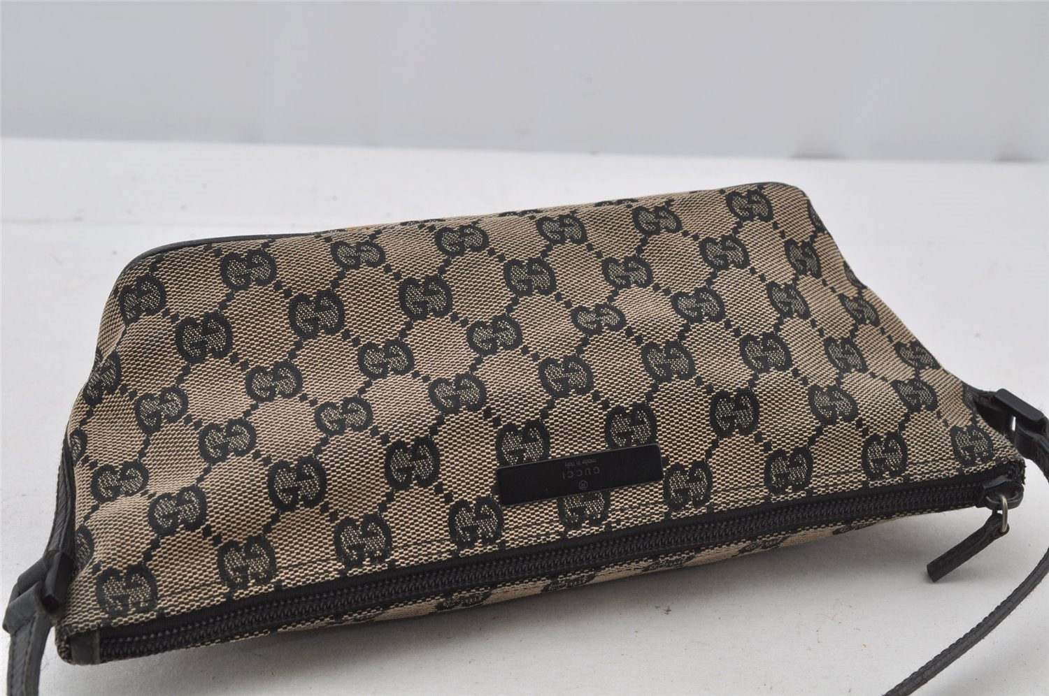 Authentic GUCCI Vintage Hand Bag Pouch Purse GG Canvas Leather 07198 Black 2441J