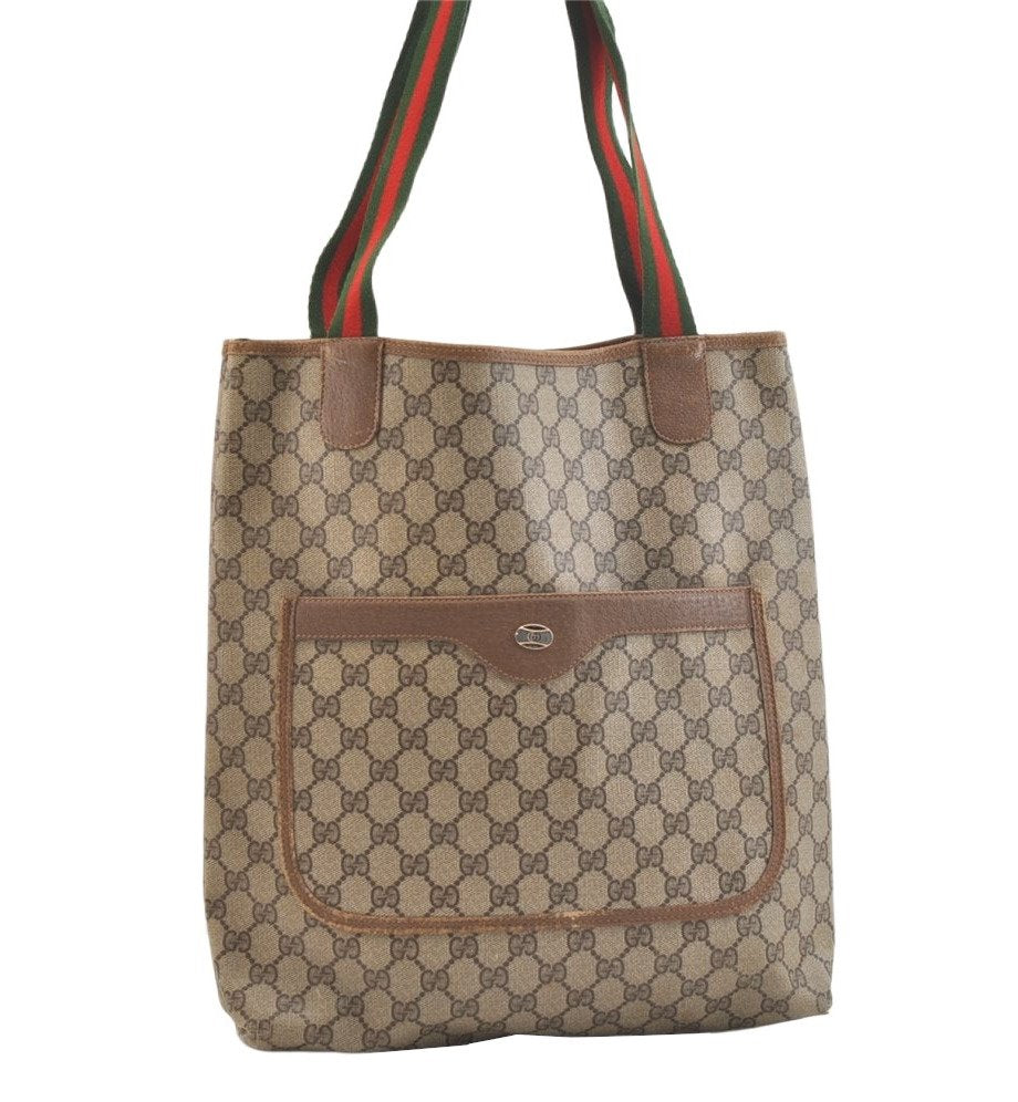 Authentic GUCCI Web Sherry Line Shoulder Tote Bag GG PVC Leather Brown 2442K