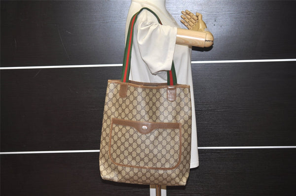 Authentic GUCCI Web Sherry Line Shoulder Tote Bag GG PVC Leather Brown 2442K