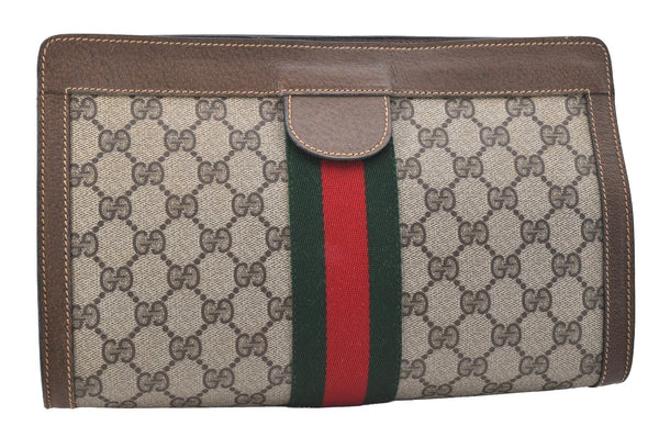 Authentic GUCCI Web Sherry Line Clutch Hand Bag GG PVC Leather Brown Junk 2444J