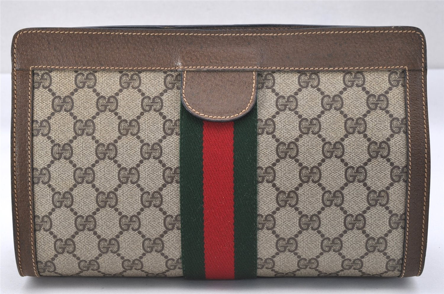 Authentic GUCCI Web Sherry Line Clutch Hand Bag GG PVC Leather Brown Junk 2444J