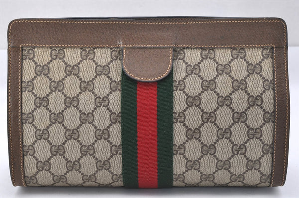 Authentic GUCCI Web Sherry Line Clutch Hand Bag GG PVC Leather Brown Junk 2444J