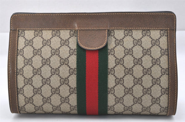 Authentic GUCCI Web Sherry Line Clutch Hand Bag GG PVC Leather Brown Junk 2444J