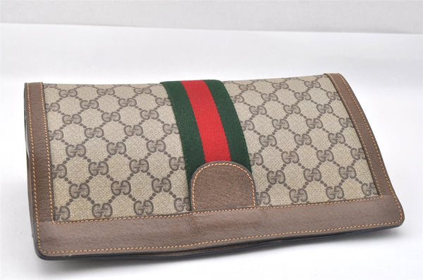Authentic GUCCI Web Sherry Line Clutch Hand Bag GG PVC Leather Brown Junk 2444J