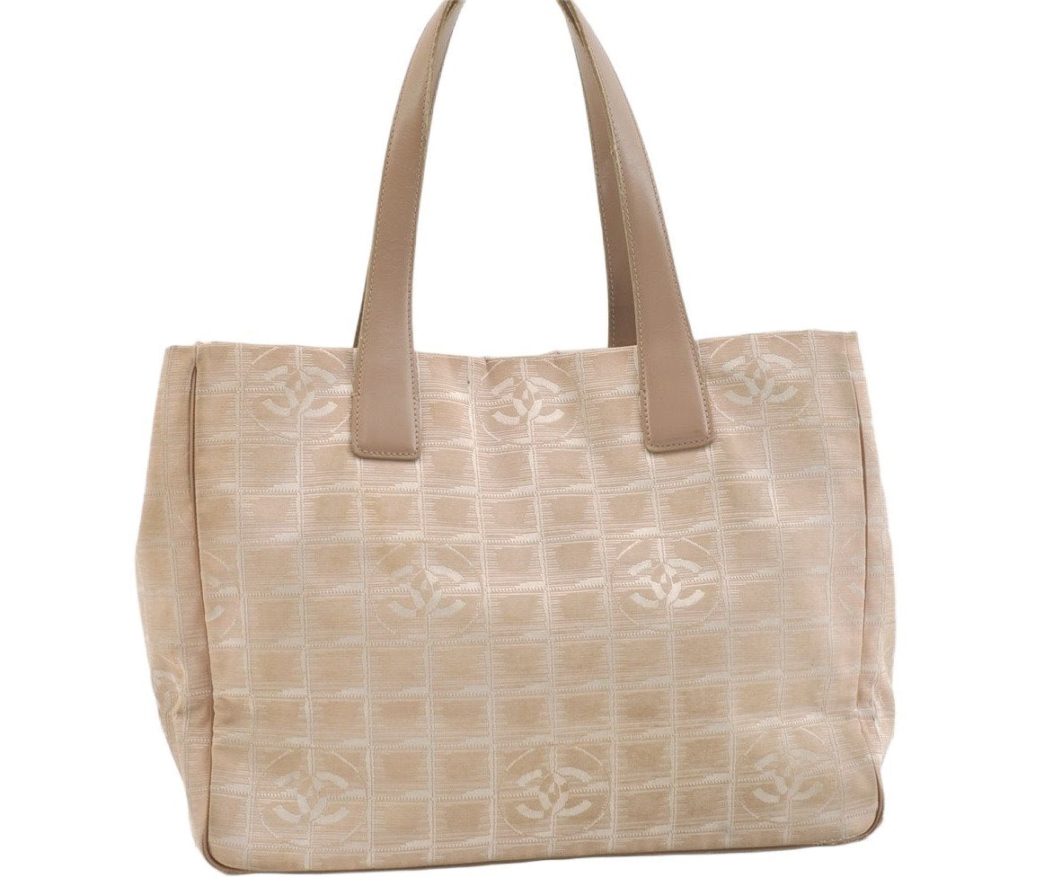 Authentic CHANEL New Travel Line Shoulder Tote Bag Nylon Leather Beige 2448K