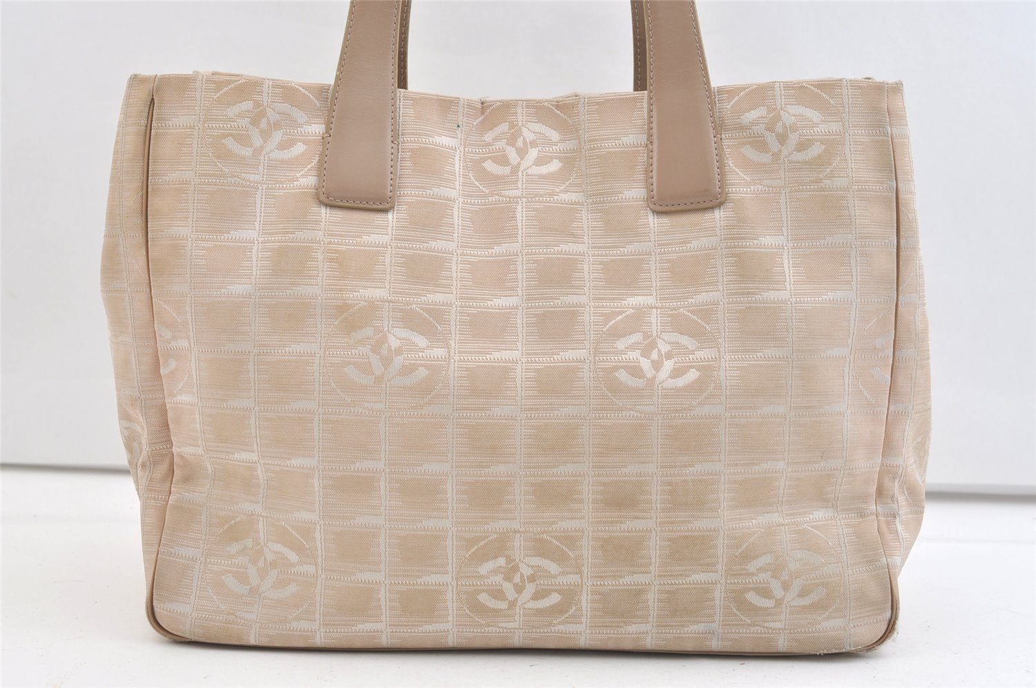 Authentic CHANEL New Travel Line Shoulder Tote Bag Nylon Leather Beige 2448K