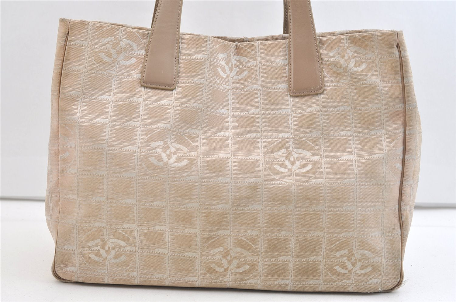 Authentic CHANEL New Travel Line Shoulder Tote Bag Nylon Leather Beige 2448K