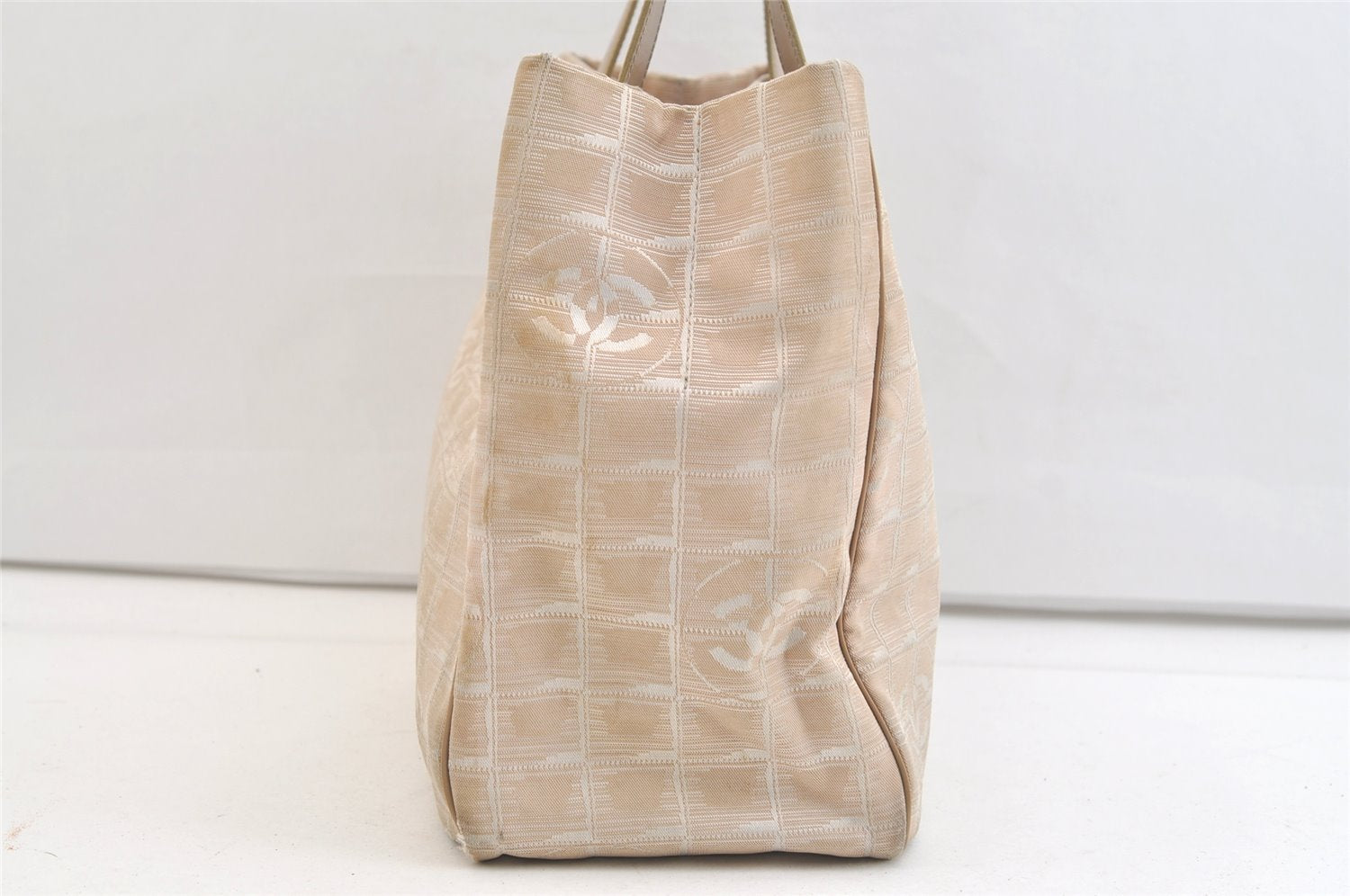 Authentic CHANEL New Travel Line Shoulder Tote Bag Nylon Leather Beige 2448K