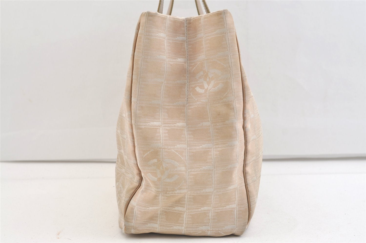 Authentic CHANEL New Travel Line Shoulder Tote Bag Nylon Leather Beige 2448K
