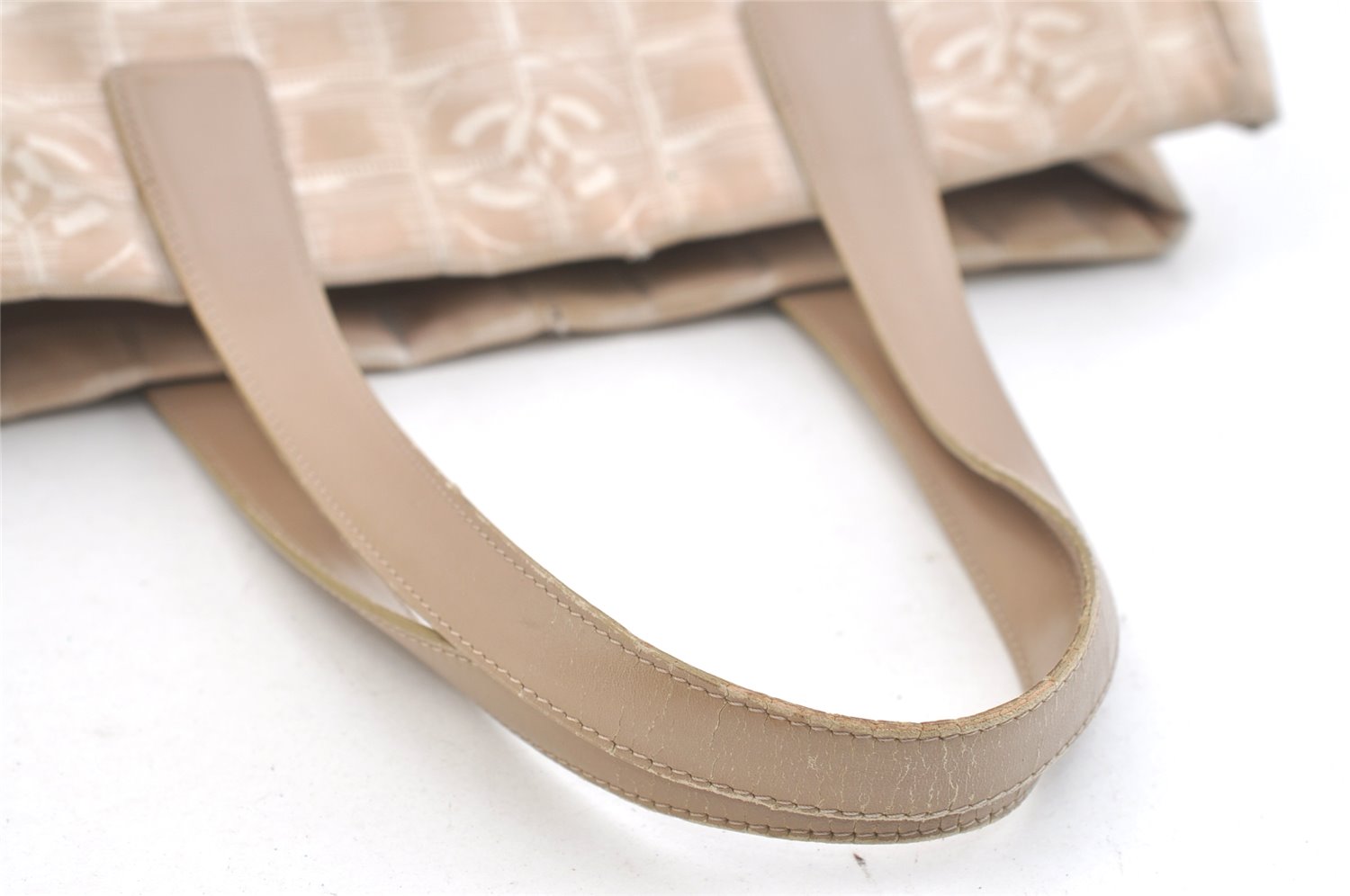 Authentic CHANEL New Travel Line Shoulder Tote Bag Nylon Leather Beige 2448K