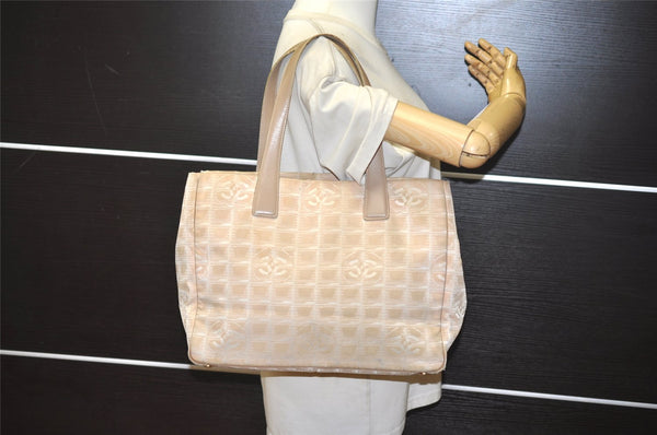 Authentic CHANEL New Travel Line Shoulder Tote Bag Nylon Leather Beige 2448K