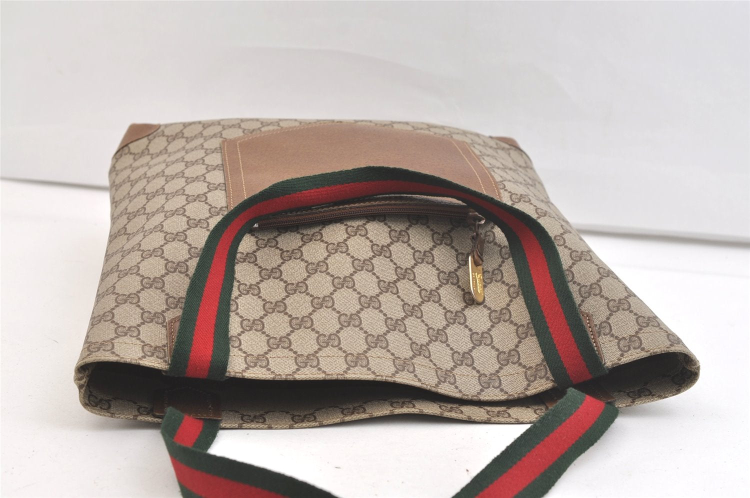 Authentic GUCCI Web Sherry Line Shoulder Tote Bag GG PVC Leather Brown 2449K