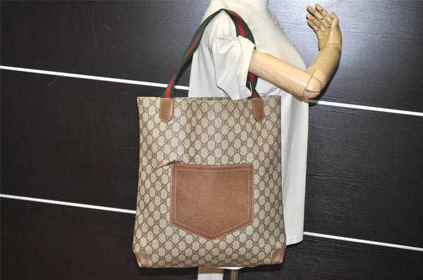 Authentic GUCCI Web Sherry Line Shoulder Tote Bag GG PVC Leather Brown 2449K