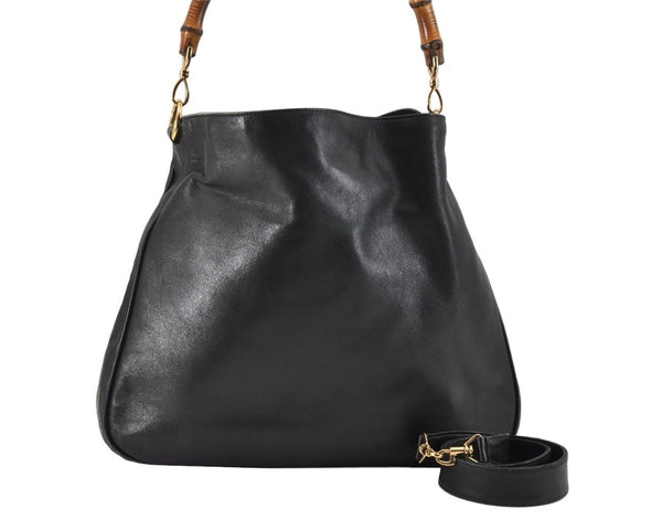Authentic GUCCI Bamboo 2Way Shoulder Hand Bag Leather Black 0011577 Junk 2450K