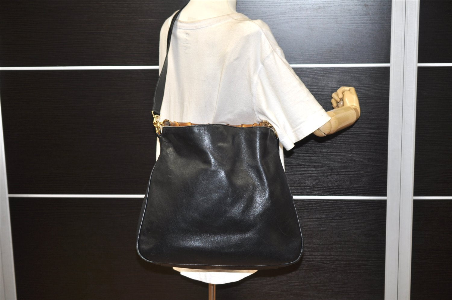 Authentic GUCCI Bamboo 2Way Shoulder Hand Bag Leather Black 0011577 Junk 2450K