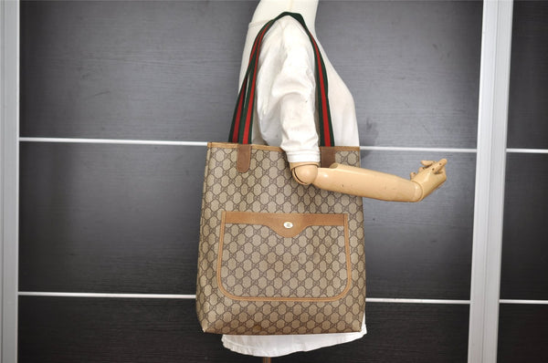 Authentic GUCCI Web Sherry Line Shoulder Tote Bag GG PVC Leather Brown 2452I