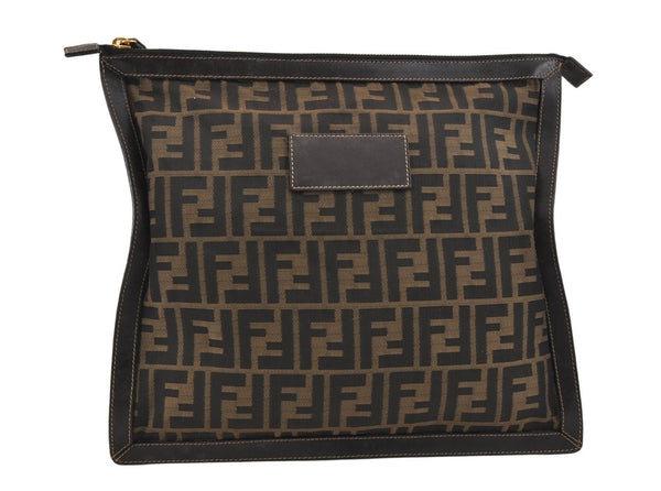 Authentic FENDI Zucca Clutch Hand Bag Purse Nylon Leather Brown Black 2452K