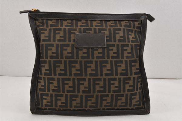 Authentic FENDI Zucca Clutch Hand Bag Purse Nylon Leather Brown Black 2452K