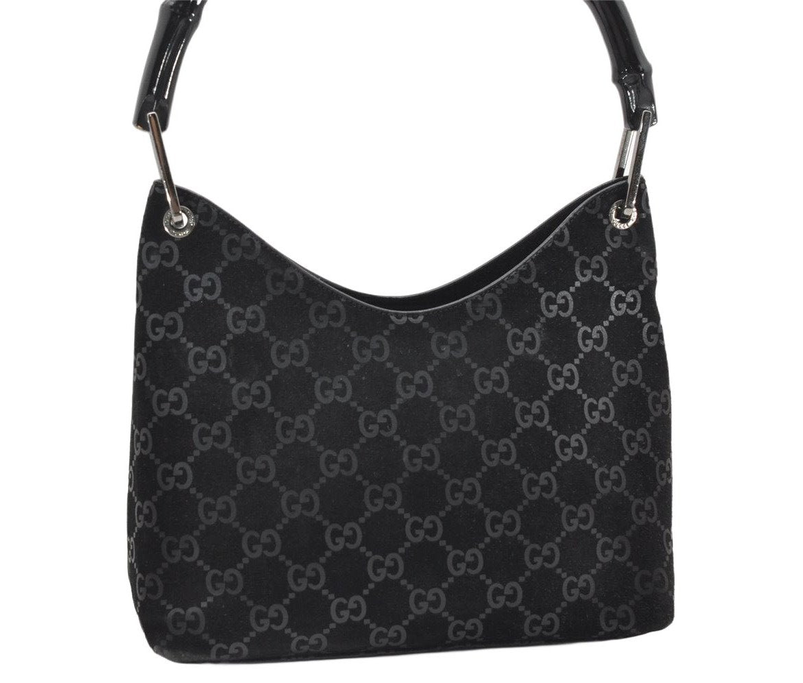Authentic GUCCI Bamboo Shoulder Bag GG Suede Leather 0013008 Black Junk 2453K