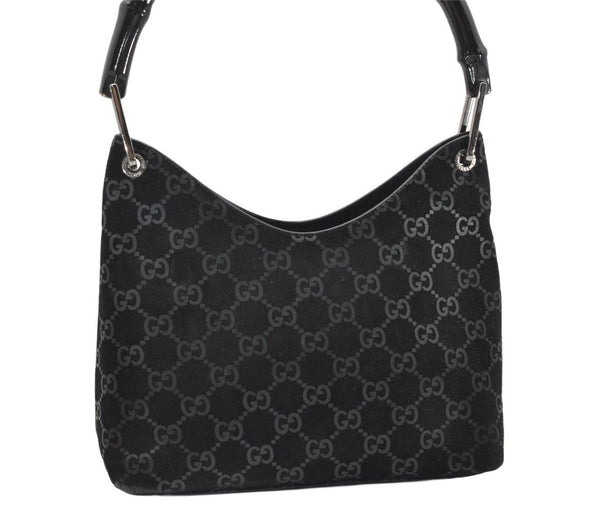Authentic GUCCI Bamboo Shoulder Bag GG Suede Leather 0013008 Black Junk 2453K