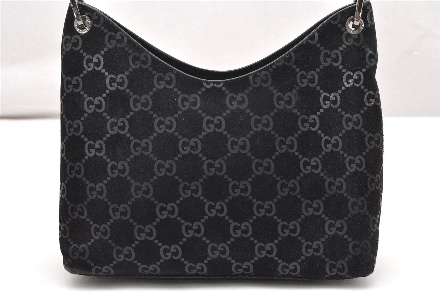 Authentic GUCCI Bamboo Shoulder Bag GG Suede Leather 0013008 Black Junk 2453K