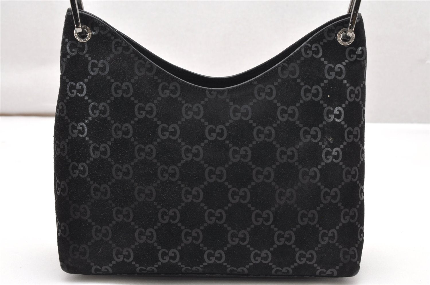 Authentic GUCCI Bamboo Shoulder Bag GG Suede Leather 0013008 Black Junk 2453K