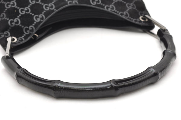 Authentic GUCCI Bamboo Shoulder Bag GG Suede Leather 0013008 Black Junk 2453K