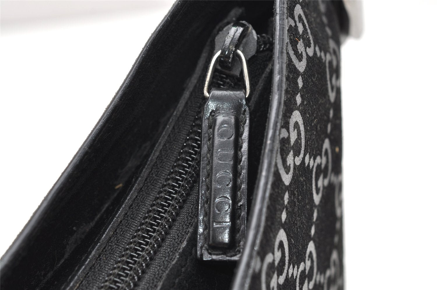 Authentic GUCCI Bamboo Shoulder Bag GG Suede Leather 0013008 Black Junk 2453K