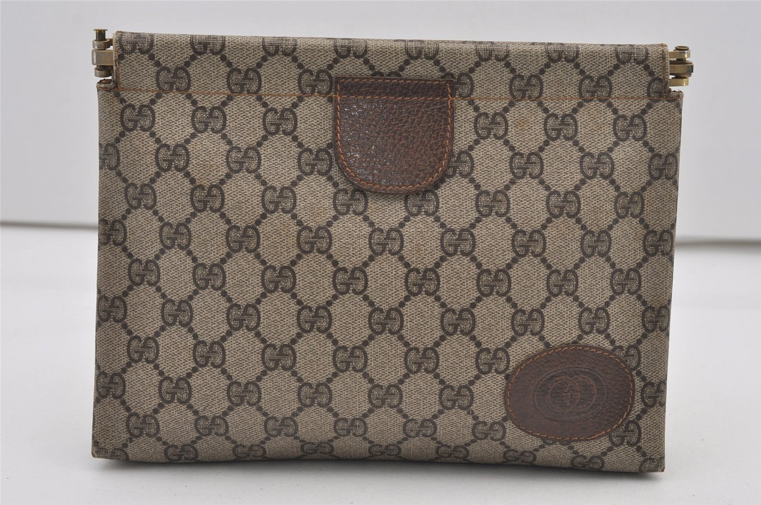 Authentic GUCCI Clutch Hand Bag Purse GG PVC Leather Brown Junk 2456J