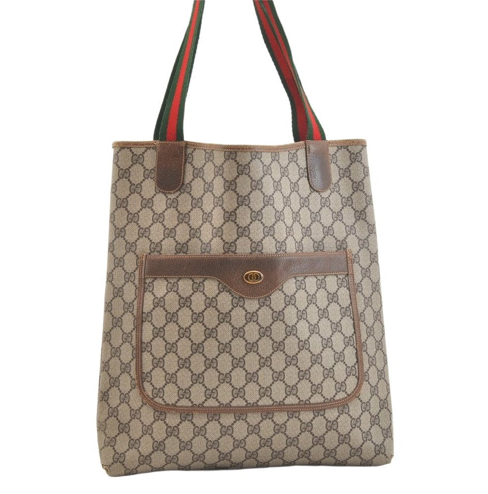 Authentic GUCCI Web Sherry Line Shoulder Tote Bag GG PVC Leather Brown 2456K