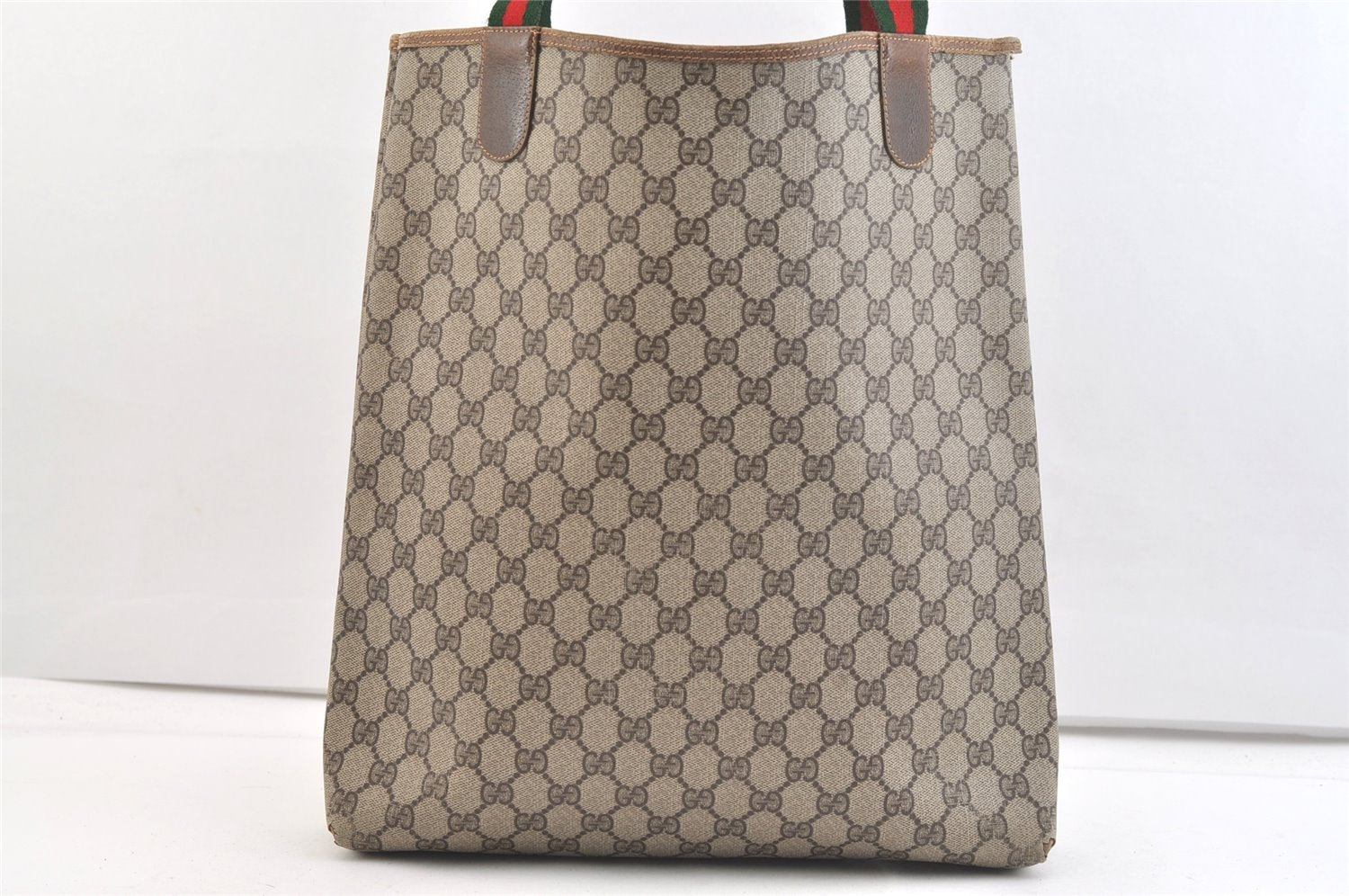 Authentic GUCCI Web Sherry Line Shoulder Tote Bag GG PVC Leather Brown 2456K