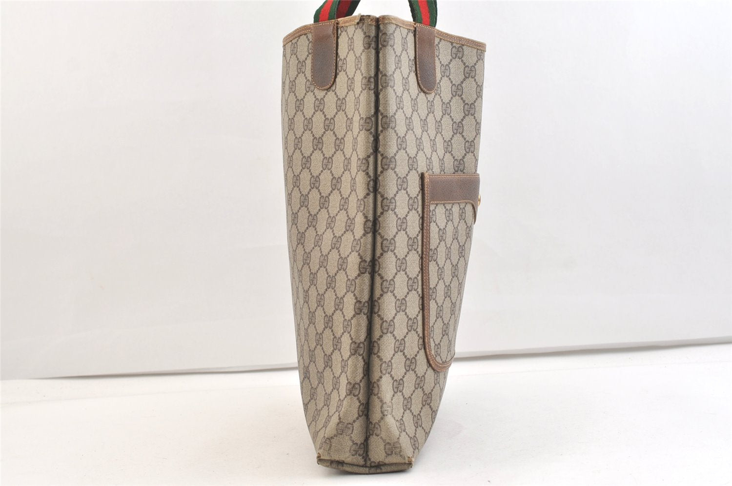 Authentic GUCCI Web Sherry Line Shoulder Tote Bag GG PVC Leather Brown 2456K