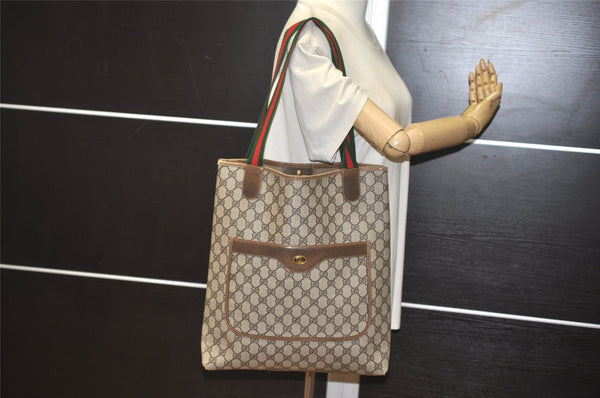 Authentic GUCCI Web Sherry Line Shoulder Tote Bag GG PVC Leather Brown 2456K