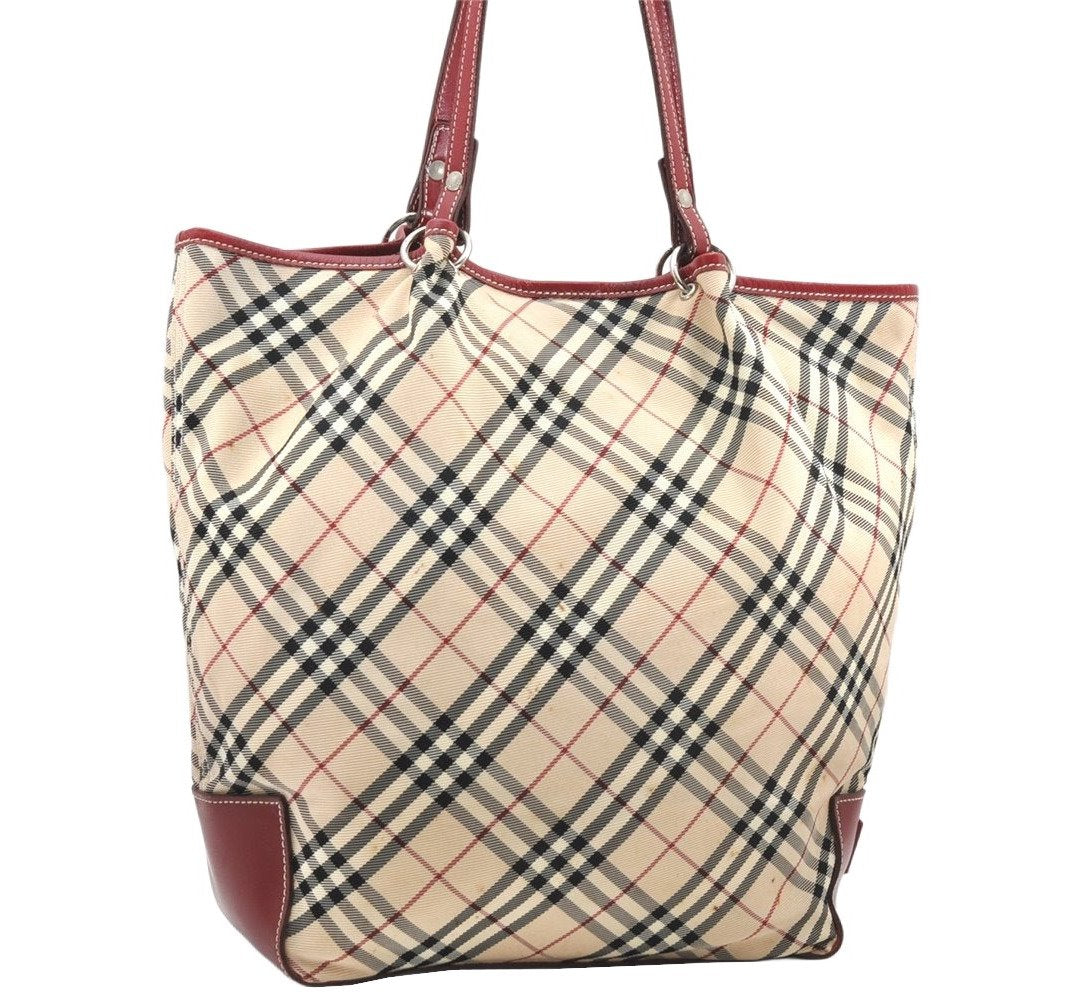 Authentic BURBERRY BLUE LABEL Check Shoulder Tote Bag Nylon Leather Beige 2468K