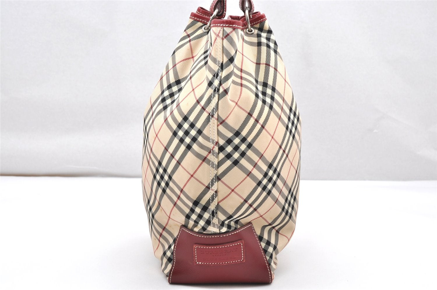 Authentic BURBERRY BLUE LABEL Check Shoulder Tote Bag Nylon Leather Beige 2468K