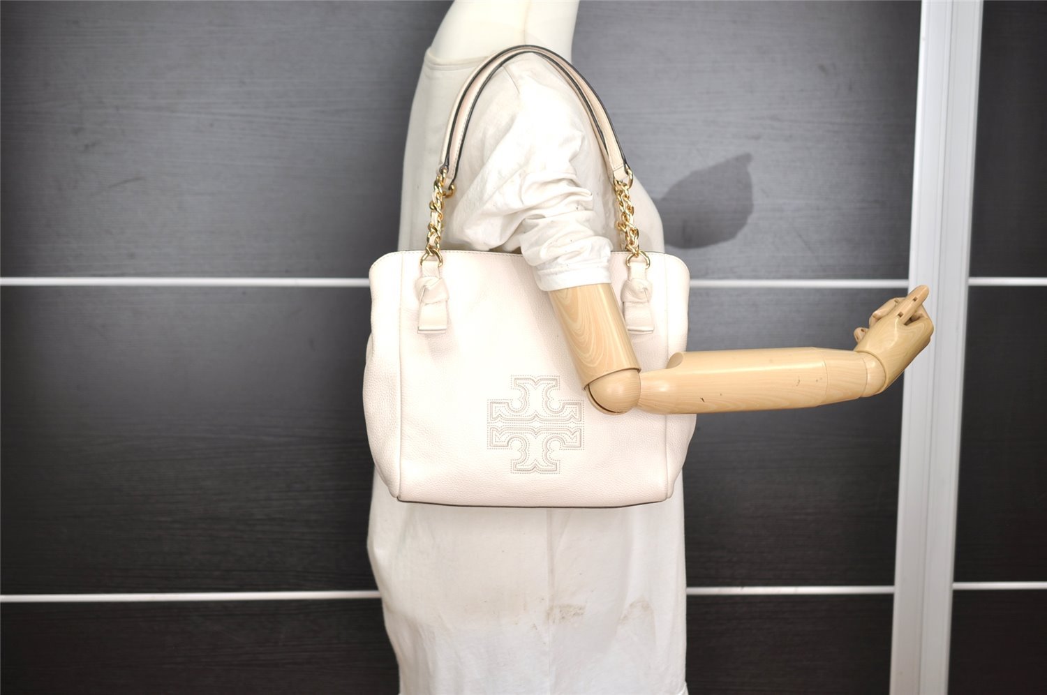 Authentic TORY BURCH Harper Leather Chain 2Way Shoulder Hand Bag White 2471I