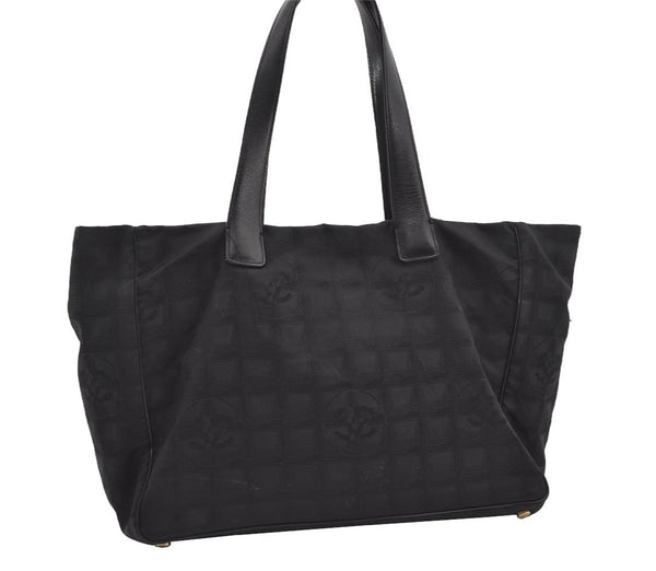 Authentic CHANEL New Travel Line Shoulder Tote Bag Nylon Leather Black 2477J