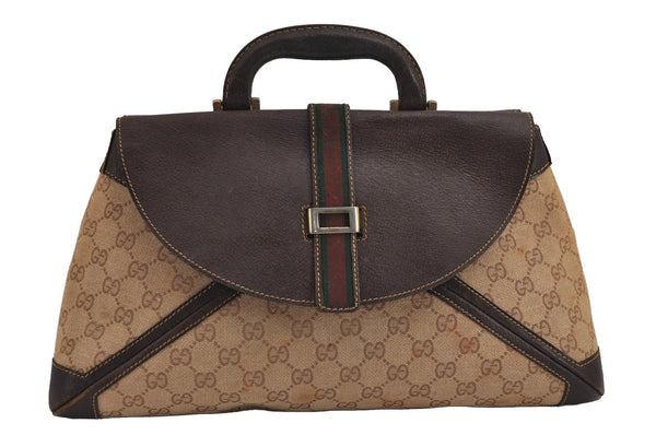 Authentic GUCCI Web Sherry Line Hand Bag Purse GG Canvas Leather Beige 2480J