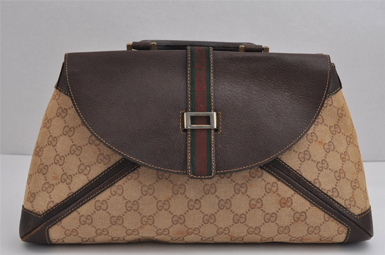 Authentic GUCCI Web Sherry Line Hand Bag Purse GG Canvas Leather Beige 2480J