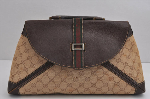 Authentic GUCCI Web Sherry Line Hand Bag Purse GG Canvas Leather Beige 2480J