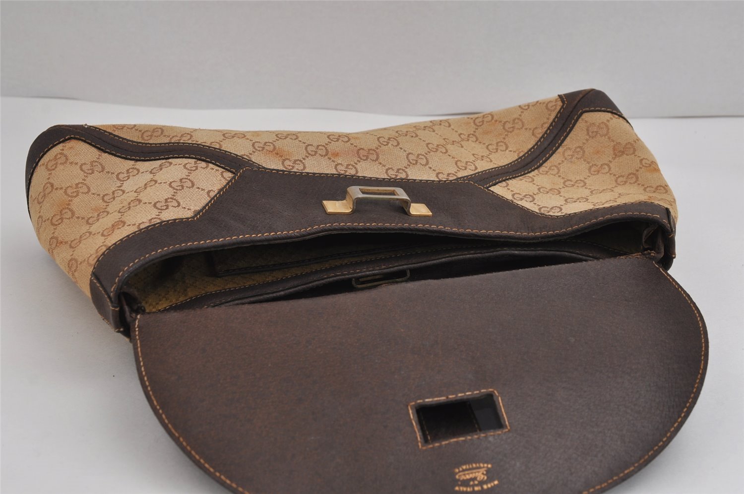Authentic GUCCI Web Sherry Line Hand Bag Purse GG Canvas Leather Beige 2480J