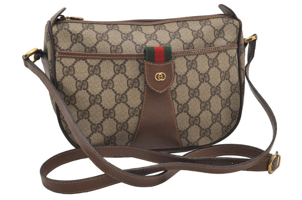 Authentic GUCCI Web Sherry Line Shoulder Cross Bag GG PVC Leather Brown 2481J