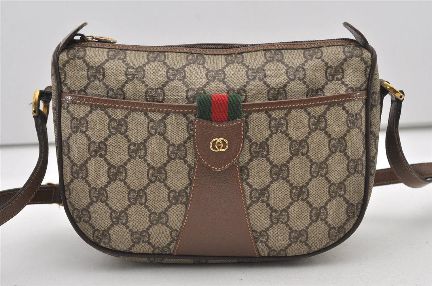 Authentic GUCCI Web Sherry Line Shoulder Cross Bag GG PVC Leather Brown 2481J