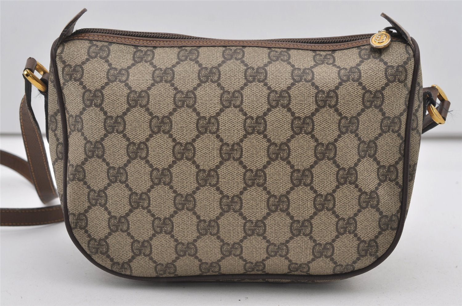 Authentic GUCCI Web Sherry Line Shoulder Cross Bag GG PVC Leather Brown 2481J