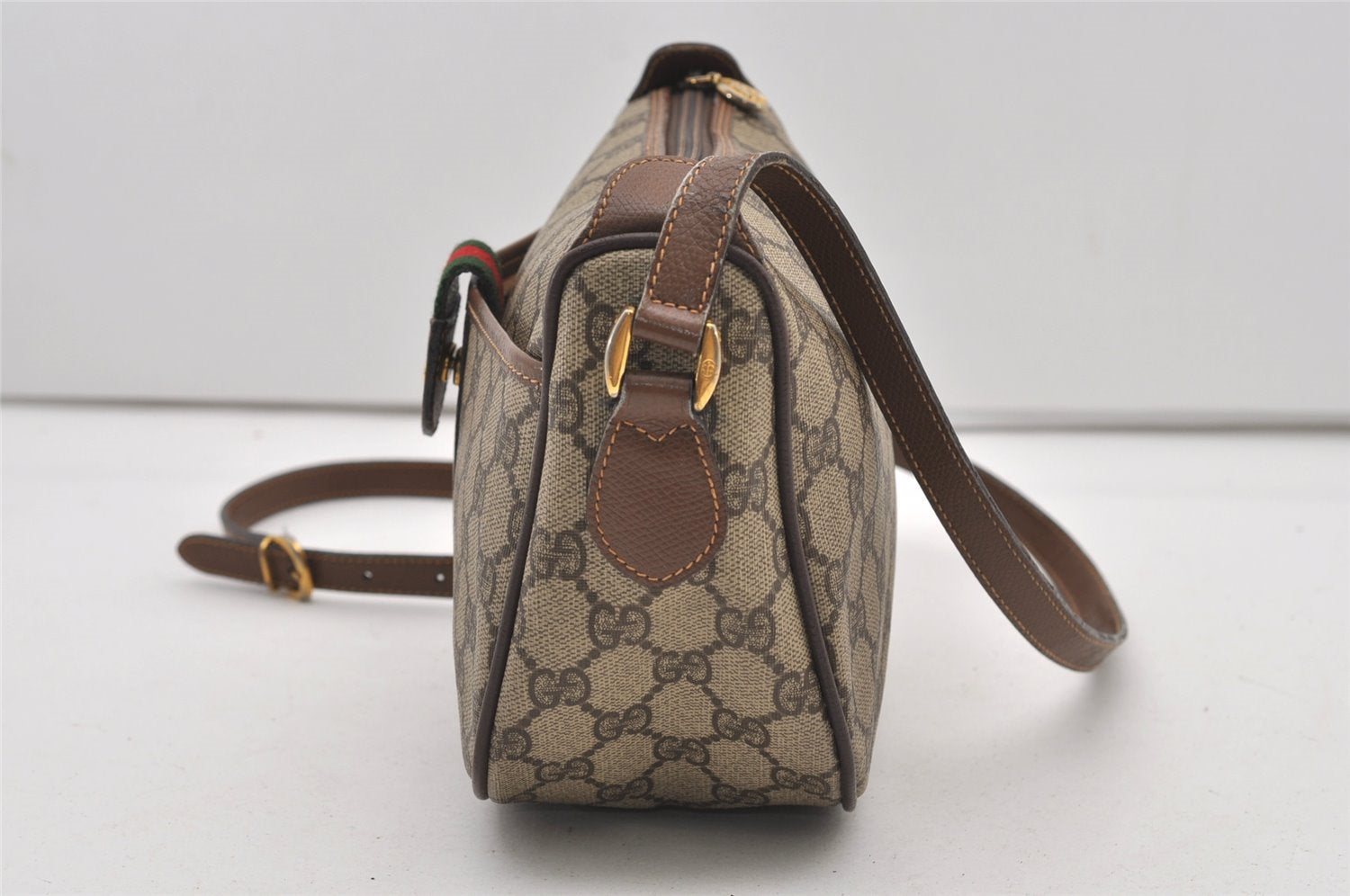 Authentic GUCCI Web Sherry Line Shoulder Cross Bag GG PVC Leather Brown 2481J